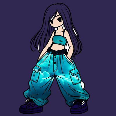 girl in baggy pants, crop top, and long hair