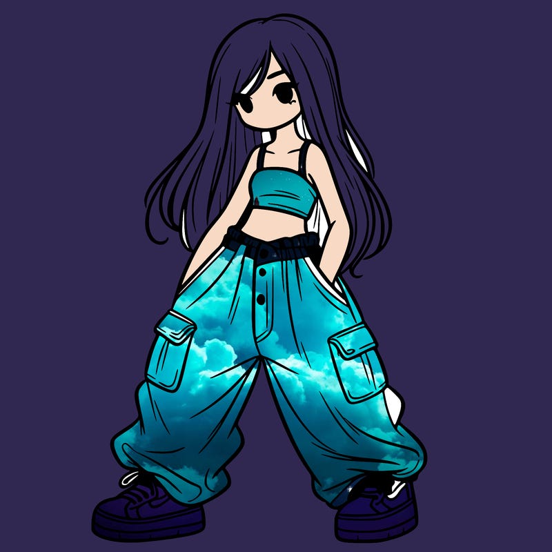 girl in baggy pants, crop top, and long hair