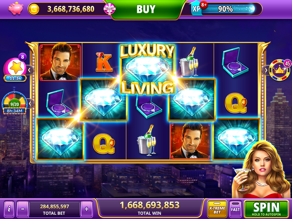 A screenshot of the Luxury Living slot machine in Gambino Slots HD showing diamonds and premium casino symbols