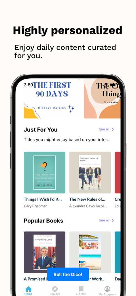 SumizeIt: Daily Book Summaries - Tela inicial do aplicativo SumizeIt mostrando recomendações de livros personalizadas e conteúdo selecionado diariamente.