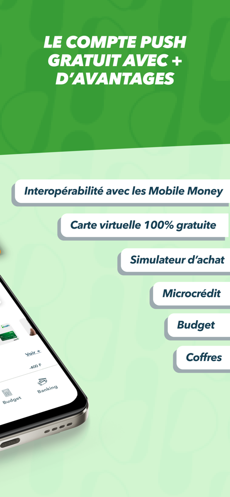 Push CI - Interface de l'application Push CI montrant les avantages du compte, y compris la carte virtuelle gratuite et l'interopérabilité du Mobile Money