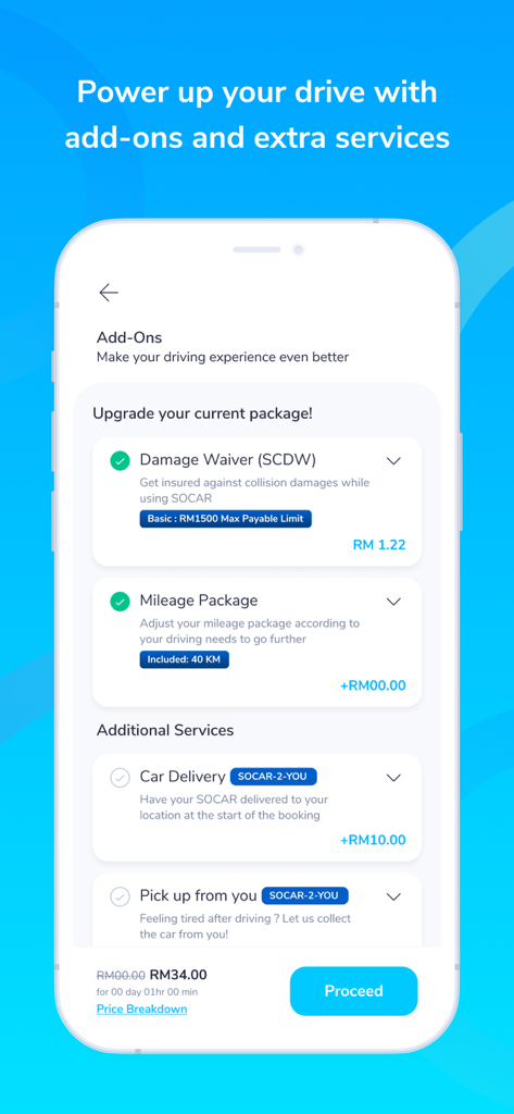 SOCAR Malaysia app screen for selecting rental add-ons including damage waiver and car delivery services