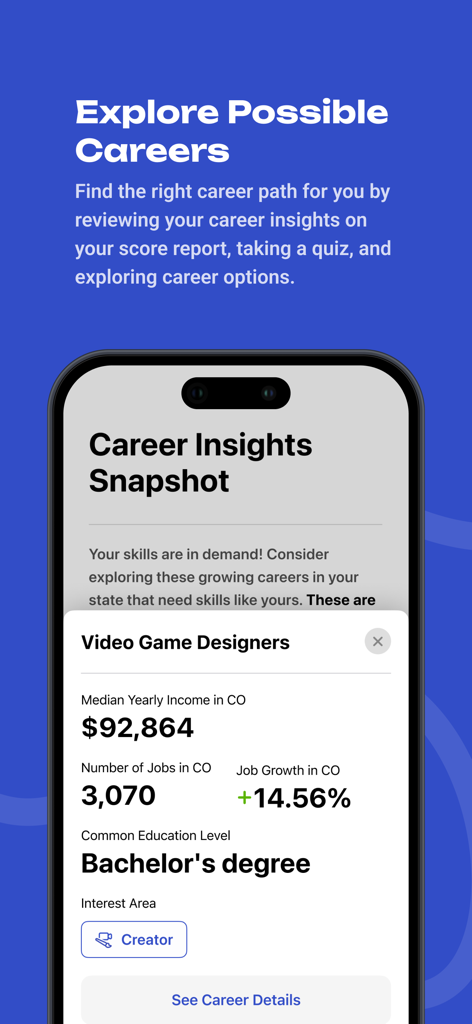 Career insights snapshot for video game designers showing median income and job growth in the BigFuture School app.