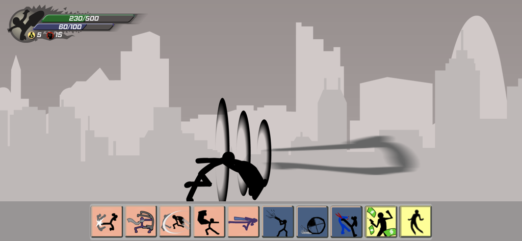 Un personaggio stickman nero esegue una mossa d'attacco speciale in un gioco di combattimento in stile ombra con uno sfondo cittadino