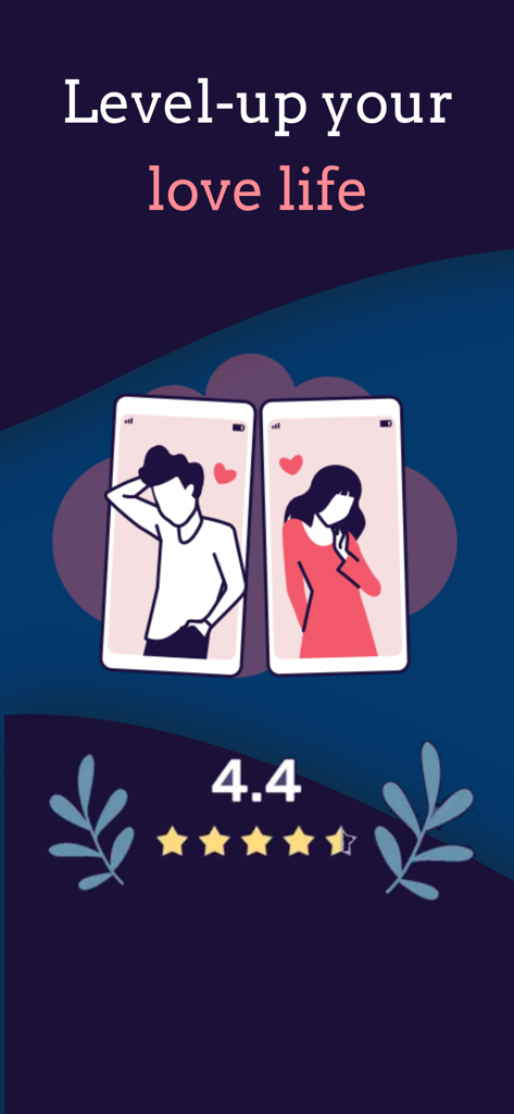 Couplet: Spice Up Relationship - Promotional screen for Couplet app featuring two people on phone screens with hearts and a 4.4 star rating.