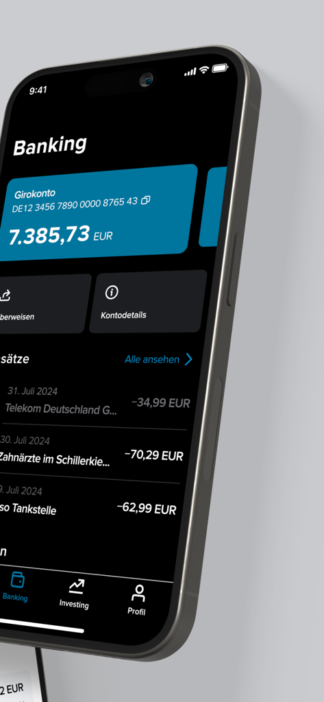 Consorsbank - Tableau de bord de l'application Consorsbank en mode sombre affichant le solde en euros et l'historique des transactions