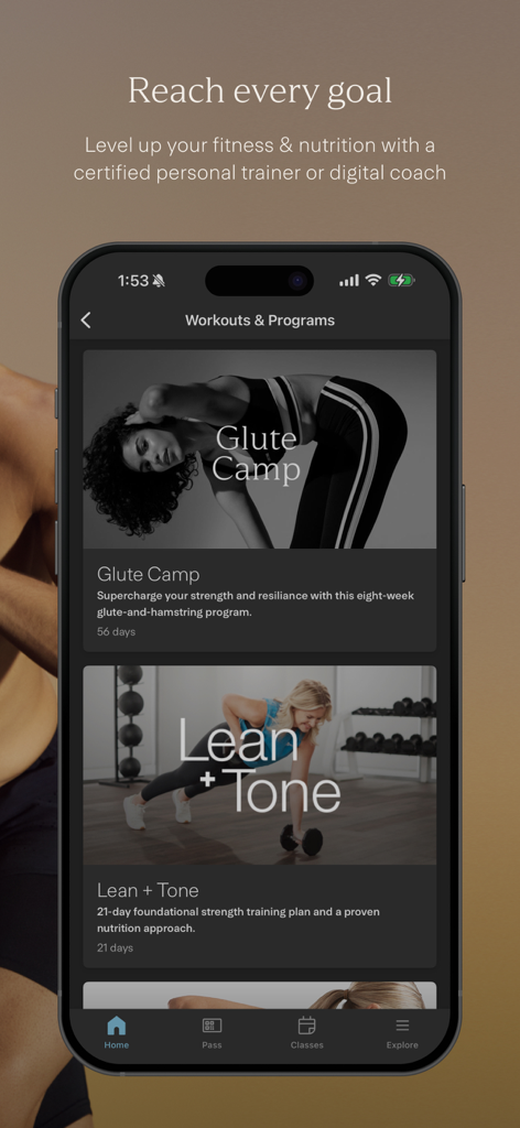 Life Time Digital app interface displaying fitness programs including Glute Camp and Lean plus Tone