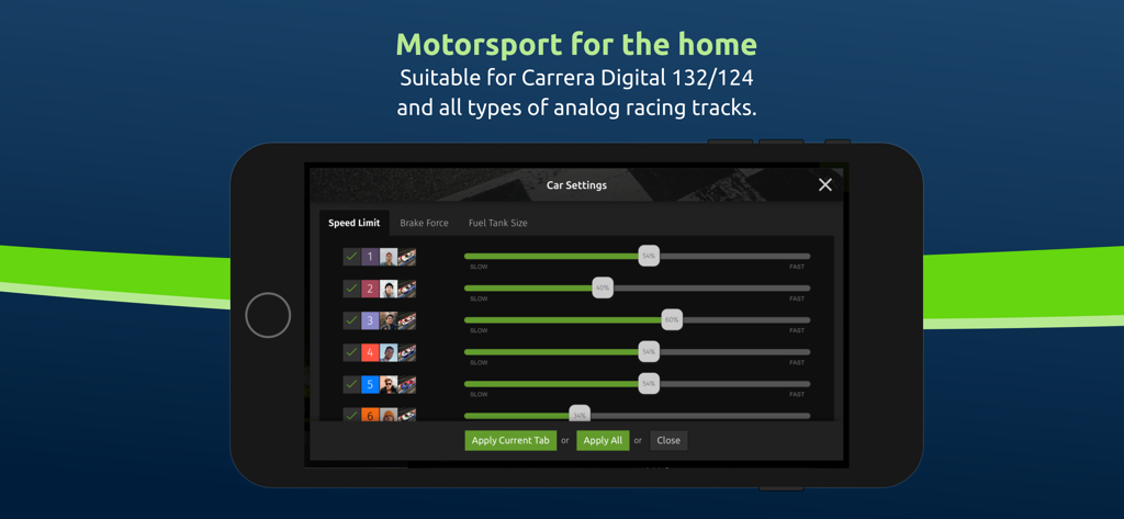 SmartRace app car settings screen for Carrera Digital showing speed limit sliders for multiple slot cars.