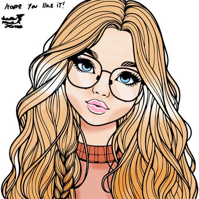 girl with long hair and freckles and glasses realistic