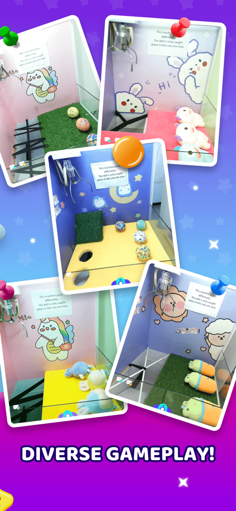 Five different themed live claw machine booths from the Claw Eden app