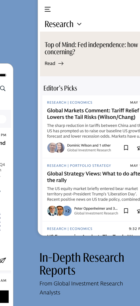 Goldman Sachs Marquee app interface showing institutional investment research reports and global market commentary