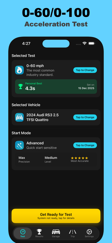 Speed Up app interface showing a 0-60 mph acceleration test setup for a 2024 Audi RS3