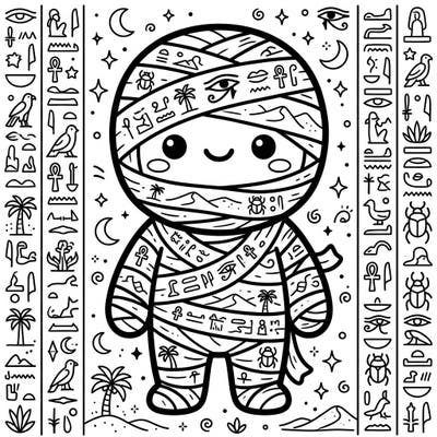 Dive into ancient Egyptian charm with this delightful Kawaii Priest Mummy coloring page. Featuring a cute, bandaged character surrounded by whimsical hieroglyphs and desert elements, it's perfect for all ages.