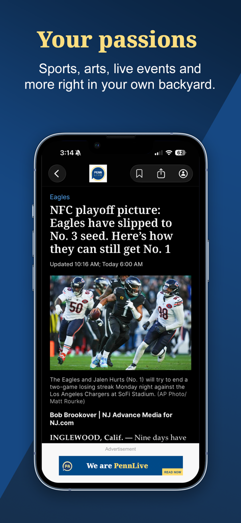 Pantalla de teléfono inteligente que muestra un artículo de noticias de PennLive sobre los Philadelphia Eagles y las clasificaciones de los playoffs de la NFC.