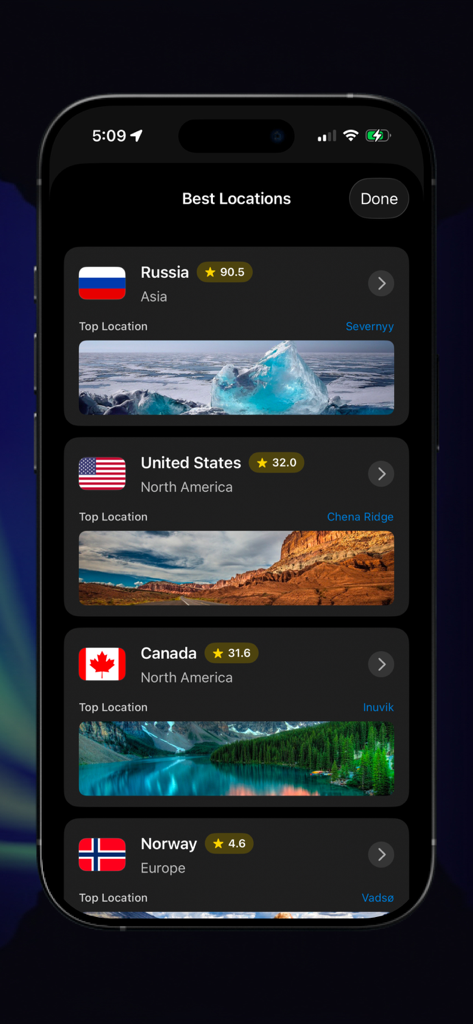 Aurora Forecast - Alerts - 국가별 북극광 최적 시청 위치 목록을 표시하는 모바일 앱 화면