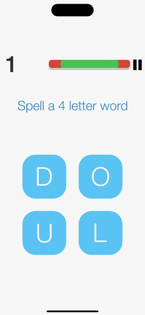 Snappy Word Search - Interfaz de juego de Snappy Word Search que muestra un rompecabezas de palabras de 4 letras con las letras D O U L