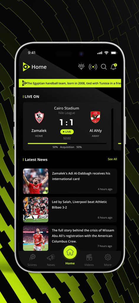 ON Sport app home screen showing live soccer scores and latest news