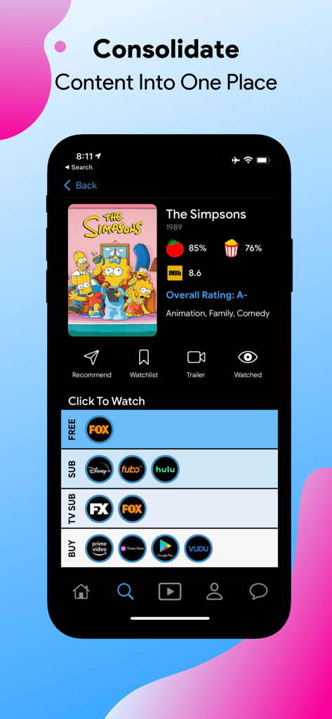 Gatsby app interface showing streaming platforms and ratings for The Simpsons