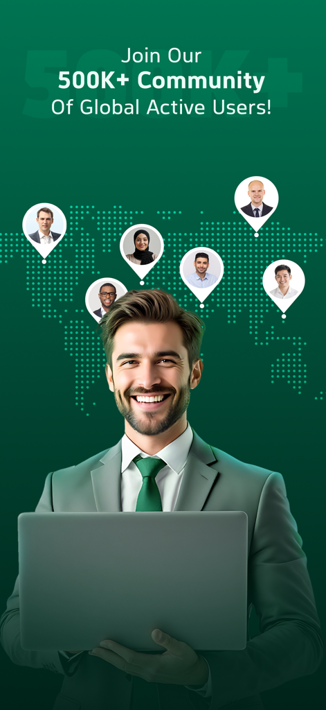 Un homme d'affaires tenant un ordinateur portable devant une carte du monde représentant une communauté de plus de cinq cent mille traders actifs