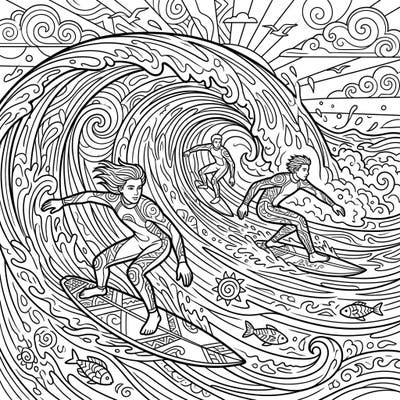 Feel the rush of the ocean with this thrilling coloring page showcasing competitive teen surfers in action. This detailed template is designed to captivate teens who love sports and intricate artistic challenges.
