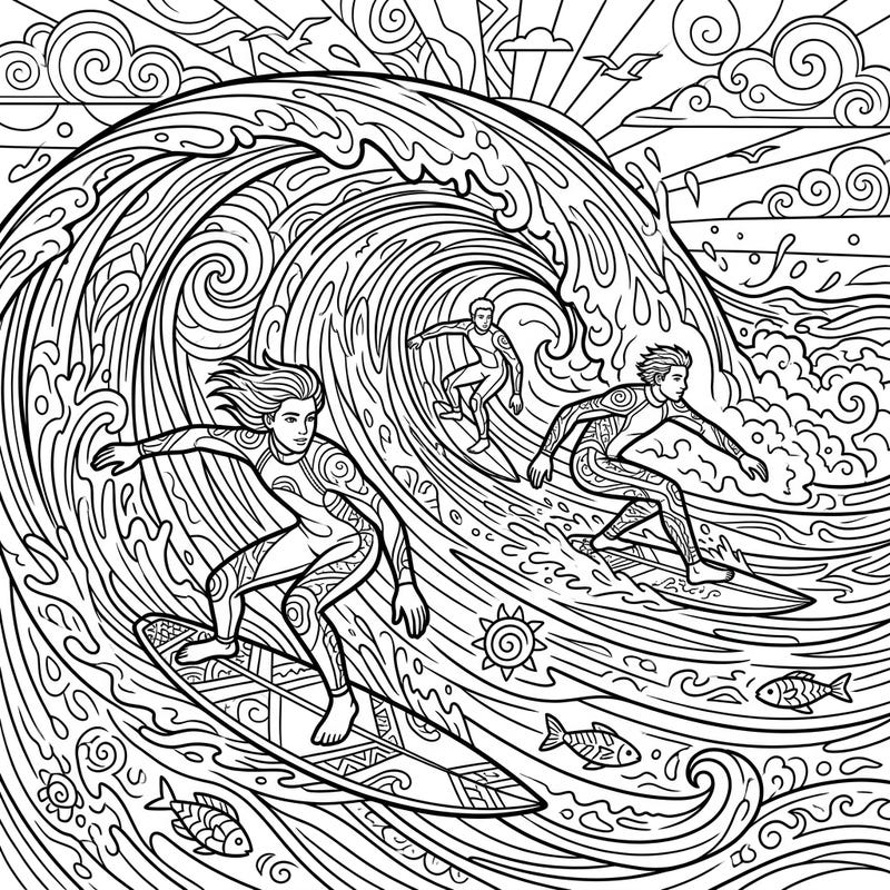 Feel the rush of the ocean with this thrilling coloring page showcasing competitive teen surfers in action. This detailed template is designed to captivate teens who love sports and intricate artistic challenges.