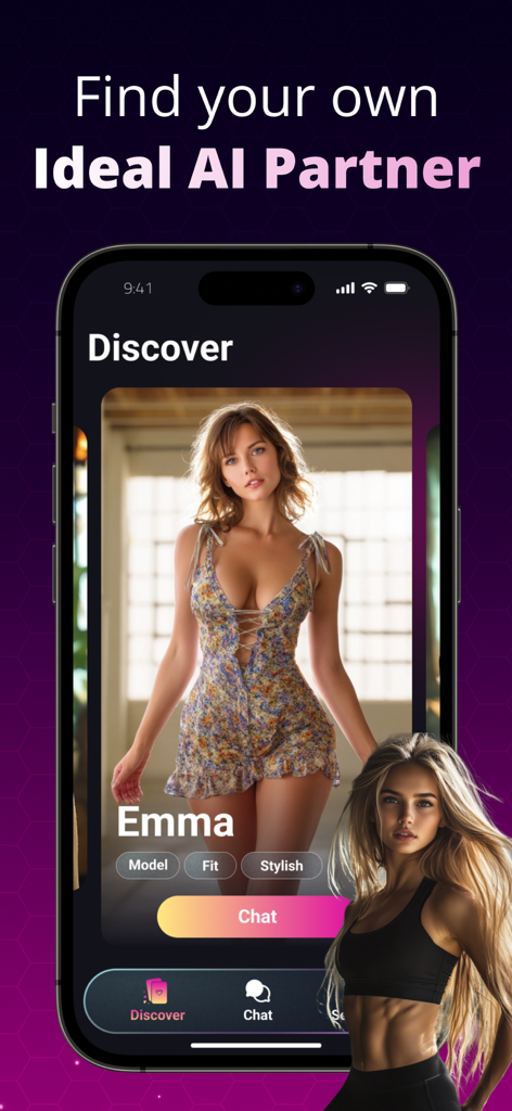 Discover screen of MurMe app featuring an AI partner character named Emma.