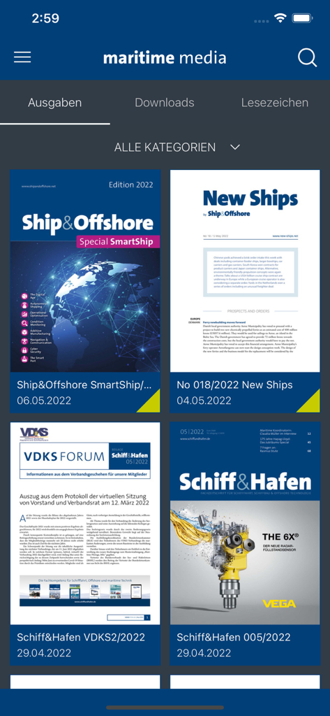 Maritime Media - Quiosco de la aplicación Maritime Media mostrando revistas digitales de barcos y offshore