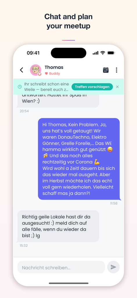 BuddyMe — Meet New People - Interface de chat do aplicativo móvel BuddyMe mostrando duas pessoas planejando um encontro social para atividades do mundo real
