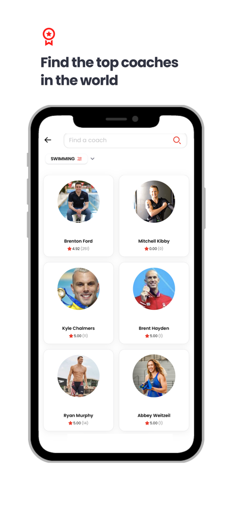Skillest: #1 Sports Coaching - Skillest app interface showing a directory of elite swimming coaches with their names and star ratings