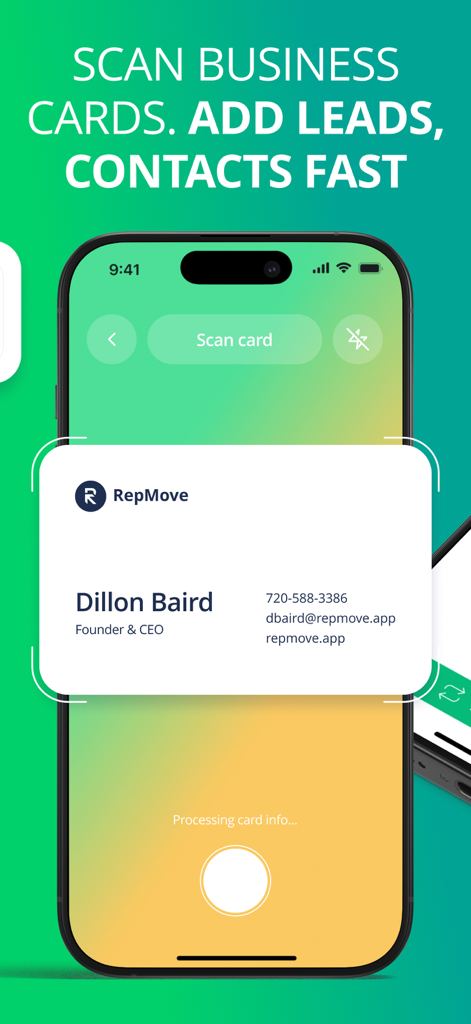 Pantalla de la aplicación móvil RepMove escaneando una tarjeta de presentación para agregar un nuevo cliente potencial y contacto