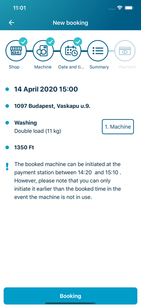 Bubbles Mosoda - Buchungsübersichtsbildschirm der Bubbles Wäsche-App, der eine Maschinenreservierung anzeigt.