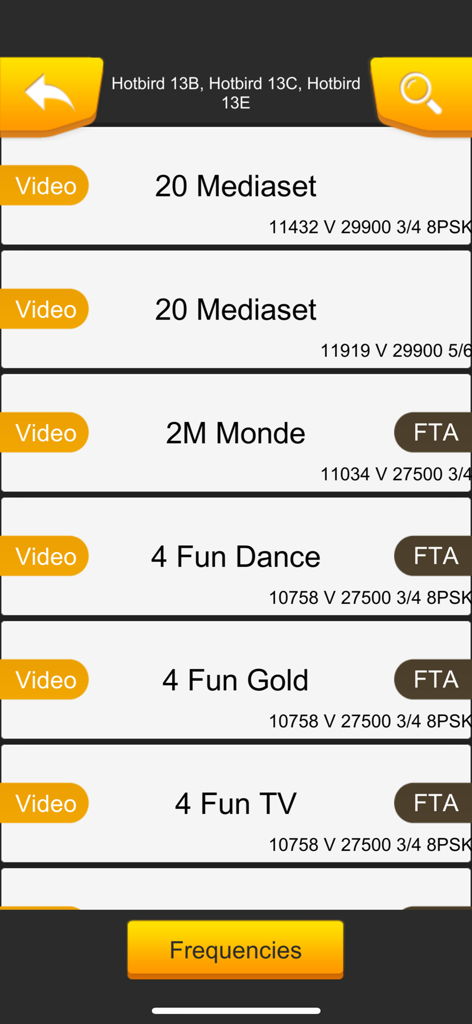 Satellite map AR SatFinder 3D - Mobile app interface showing a list of satellite TV channels and technical frequency details for Hotbird satellites