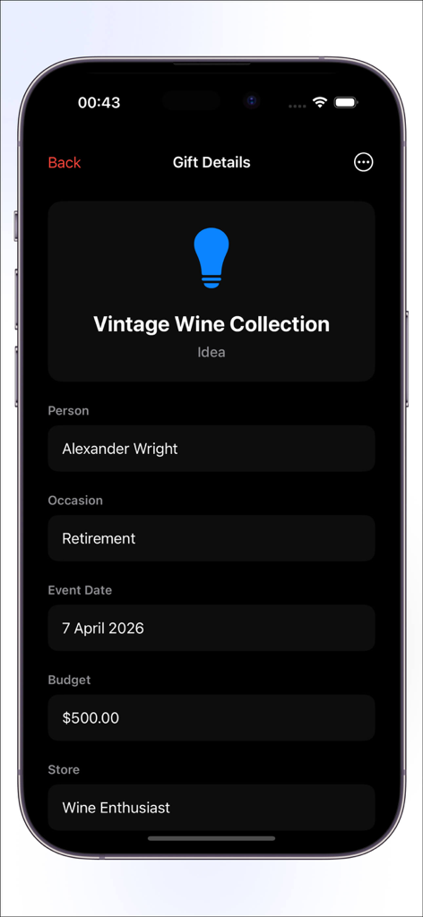 A detailed view of a gift idea for a retirement event within the YourPresent app showing budget and store information
