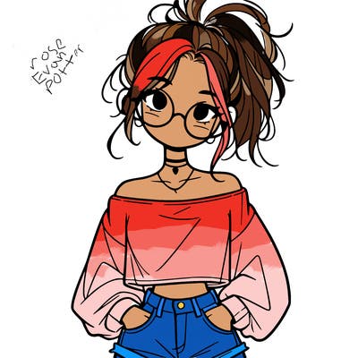 girl with a messy ponytail glasses a baggy crop top and jean shorts