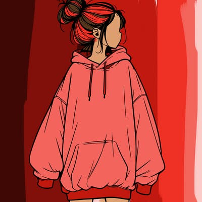 realistic girl with a oversized sweatshirt on and a bun