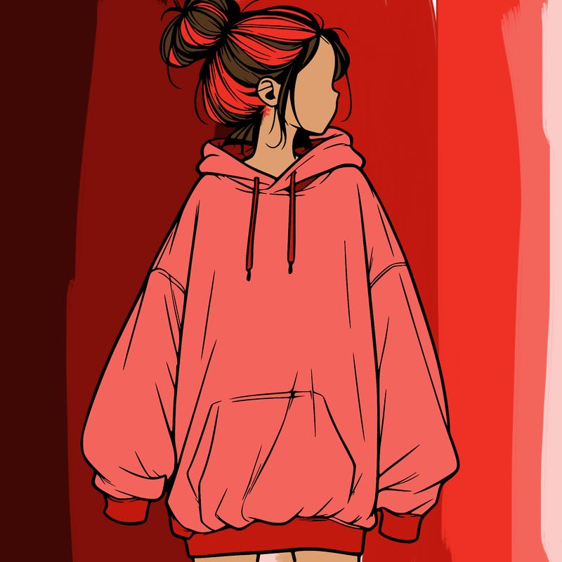 realistic girl with a oversized sweatshirt on and a bun
