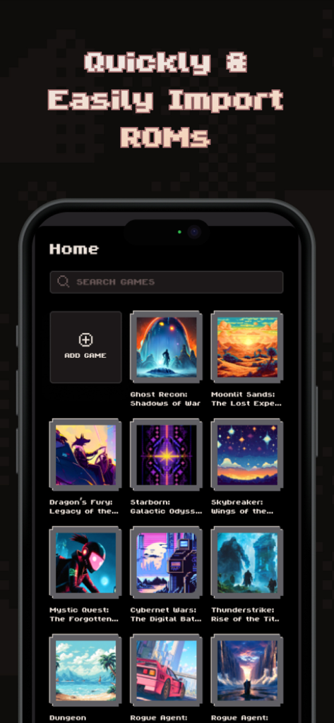 Bitboy - GBA Emulator - Bitboy GBA Emulator app home screen showing a library of imported retro game ROMs