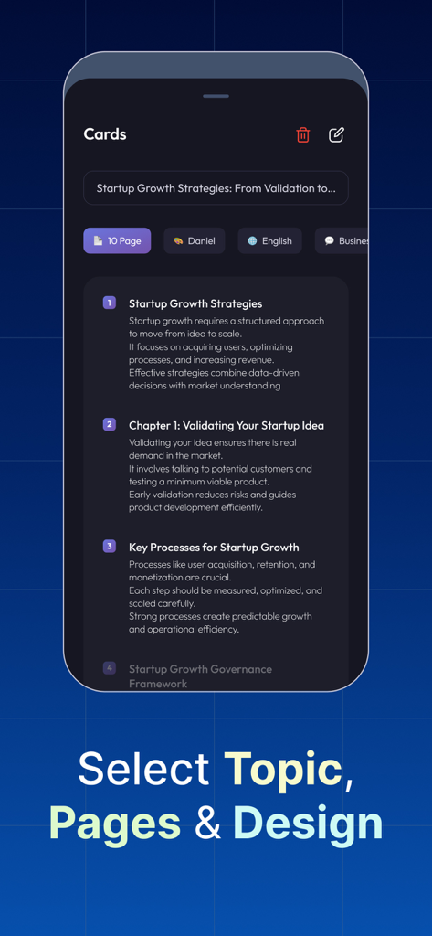 GMM AI App: AI Slides & PPT - Interface of the GMM AI app showing an AI-generated presentation outline for startup growth strategies.