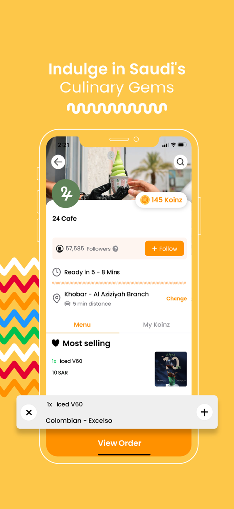 Koinz app restaurant page for 24 Cafe showing menu items and loyalty points