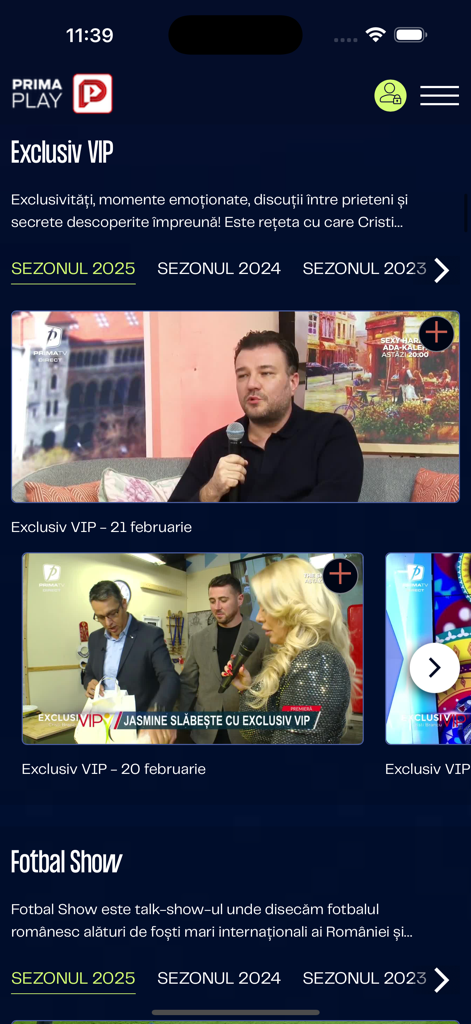 Prima Play mobile app interface showing Romanian TV shows and football categories