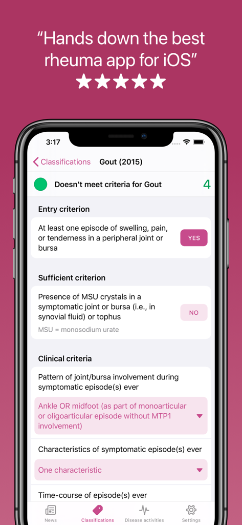 Screenshot of RheumaHelper app showing the Gout 2015 classification criteria interface on an iPhone