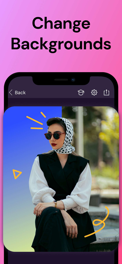 A woman in a headscarf shown with a background being replaced by a creative blue and yellow graphic design in the Pixomatic app.