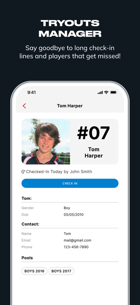 ALBION Connect - ALBION Connect Tryouts Manager mobile interface showing a youth soccer player profile and check-in button