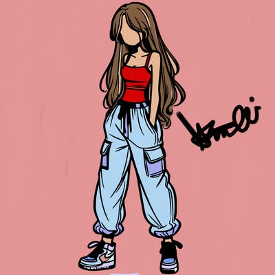 girl in baggy pants crop top and long hair