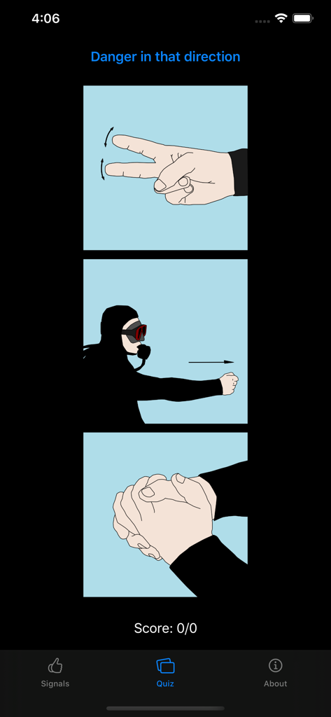 Scuba Dive Signals - Quiz-Bildschirm aus der Tauchzeichen-App, der verschiedene Unterwasser-Handzeichensillustrationen zeigt, um Gefahr in dieser Richtung zu identifizieren.