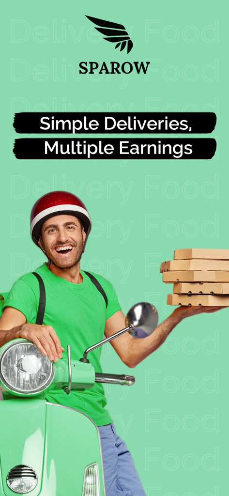 A smiling delivery man on a green scooter holding pizza boxes under the Sparow logo