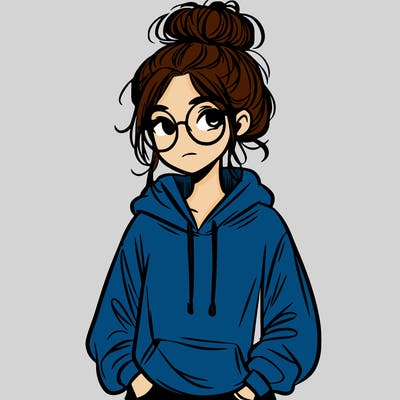 teen girl with a messy bun and glasses wearing a loose hoodie and jeans