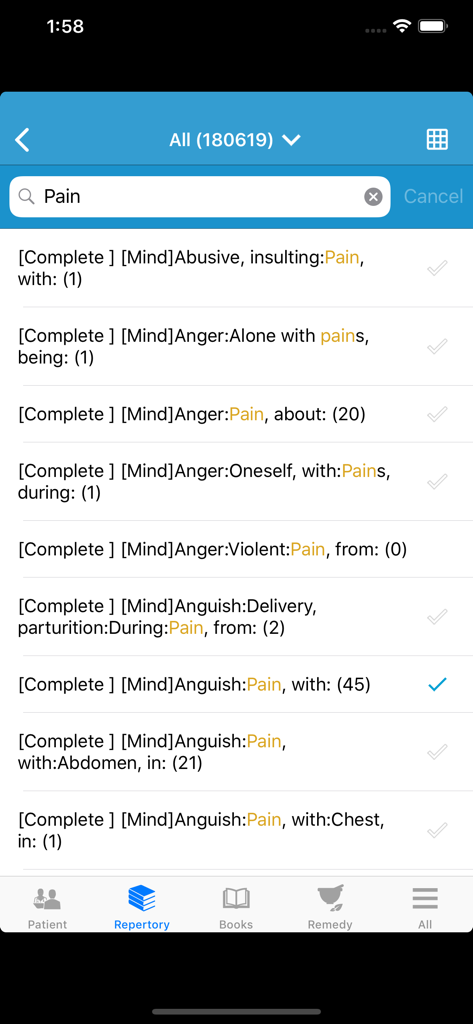 Zomeo app screen displaying a list of homeopathic rubrics related to pain