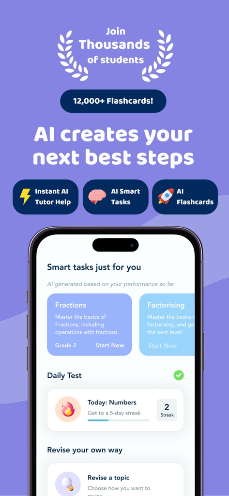Flash Learning - Flash Learning app interface showing AI personalized math tasks for fractions and factorising with daily study streak tracker