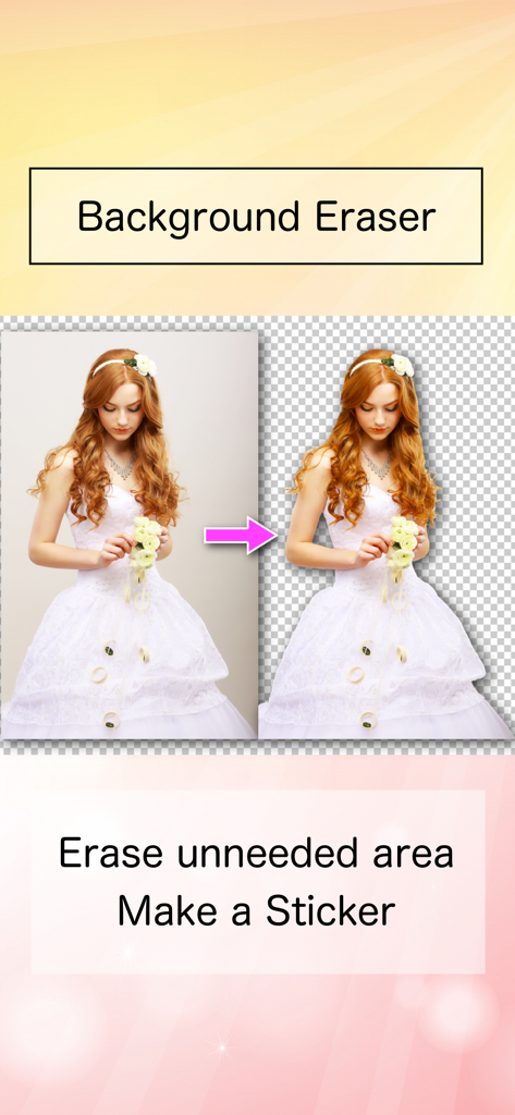 Comparaison avant/après d'une femme en robe blanche montrant comment supprimer l'arrière-plan d'une photo pour créer un autocollant.